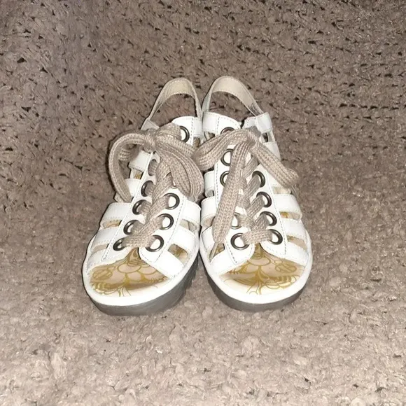 FLY LONDON-Yito-White Leather Gladiator-Ghillie Wedge Sandal-Sz 38-Excellent
