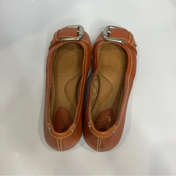 Fossil cognac leather flats shoes size 7.5 buckle Y2K