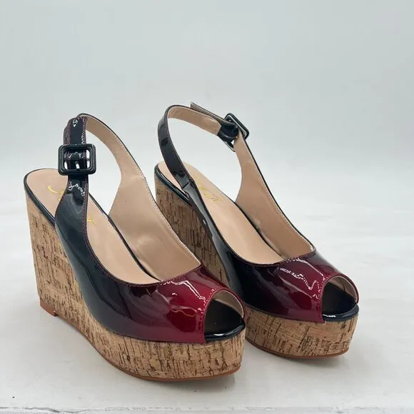 FOWT Black And Red Burnished Platform Wedge Peep Open Toe Slingback Sandals