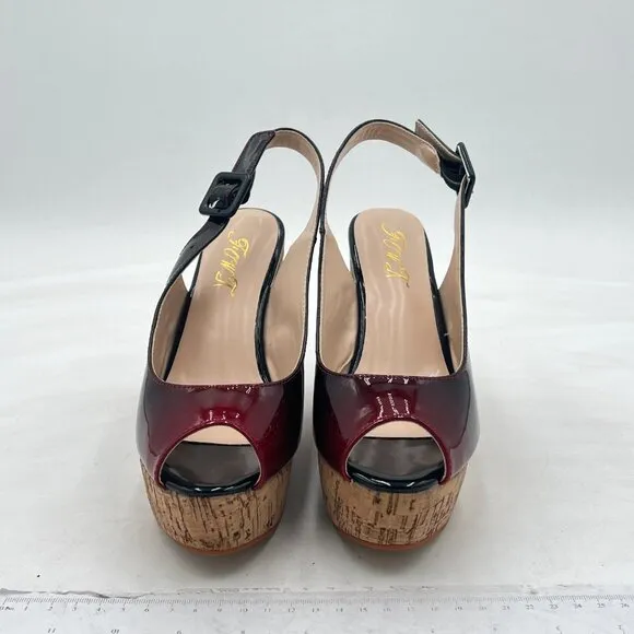 FOWT Black And Red Burnished Platform Wedge Peep Open Toe Slingback Sandals