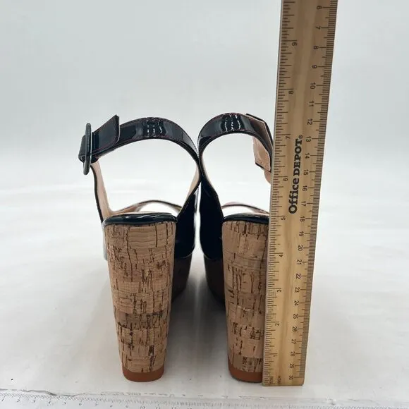 FOWT Black And Red Burnished Platform Wedge Peep Open Toe Slingback Sandals