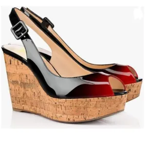 FOWT Black And Red Burnished Platform Wedge Peep Open Toe Slingback Sandals
