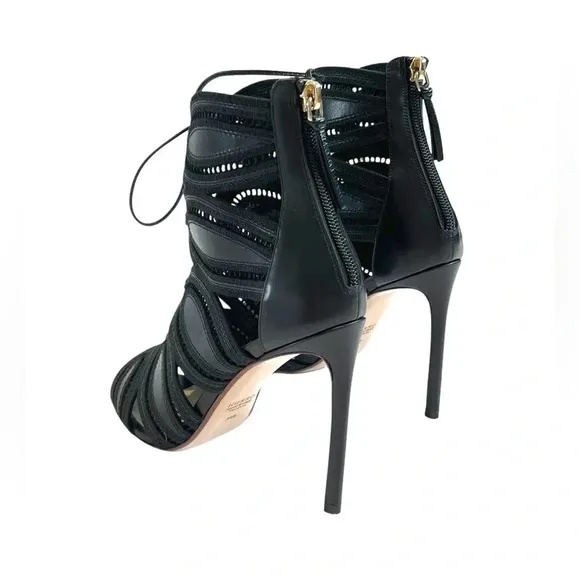 Francesco Russo ITALY Black Genuine Leather Lace Sandals Heels Boots 36.5 6.5