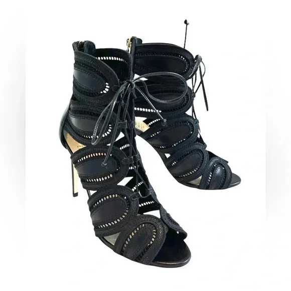 Francesco Russo ITALY Black Genuine Leather Lace Sandals Heels Boots 36.5 6.5