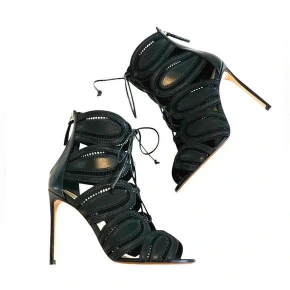Francesco Russo ITALY Black Genuine Leather Lace Sandals Heels Boots 36.5 6.5