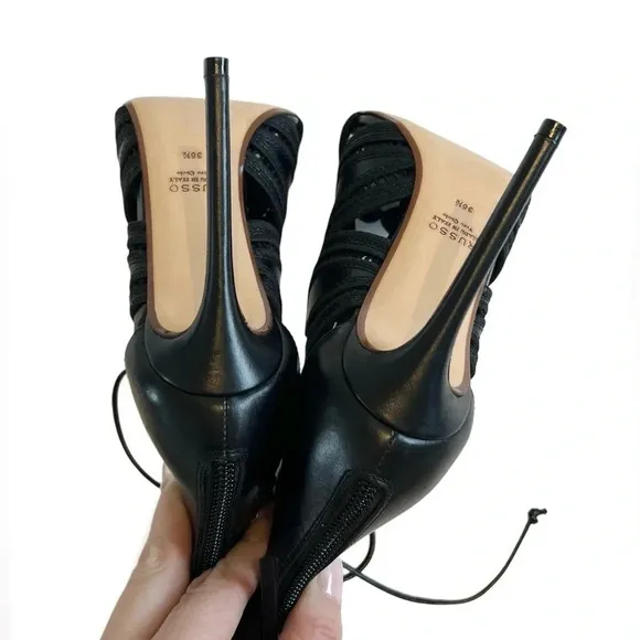 Francesco Russo ITALY Black Genuine Leather Lace Sandals Heels Boots 36.5 6.5