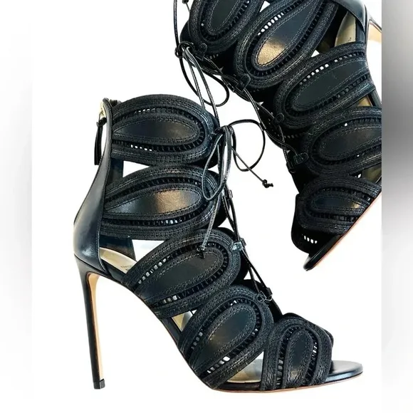 Francesco Russo ITALY Black Genuine Leather Lace Sandals Heels Boots 36.5 6.5