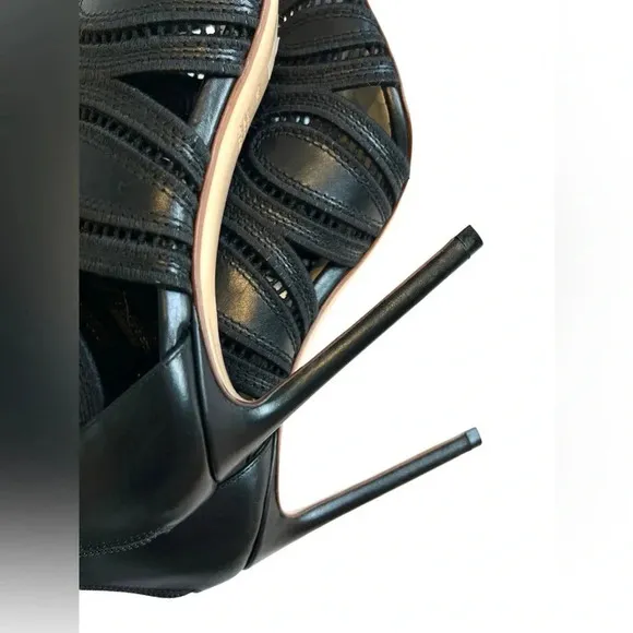 Francesco Russo ITALY Black Genuine Leather Lace Sandals Heels Boots 36.5 6.5