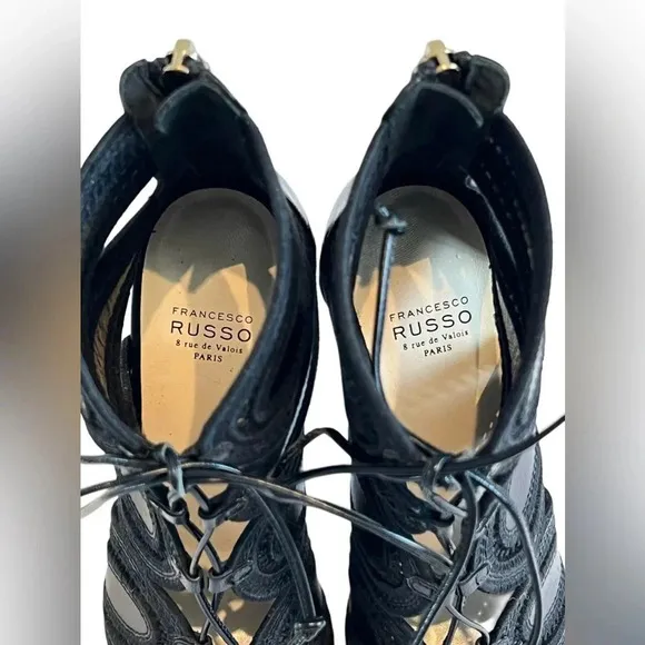 Francesco Russo ITALY Black Genuine Leather Lace Sandals Heels Boots 36.5 6.5