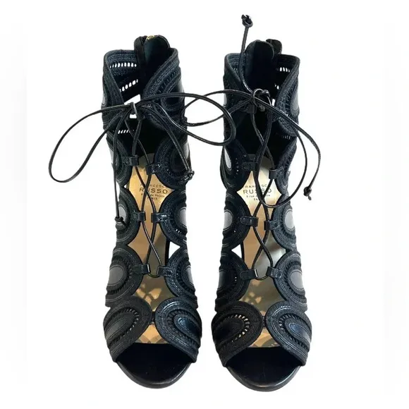 Francesco Russo ITALY Black Genuine Leather Lace Sandals Heels Boots 36.5 6.5