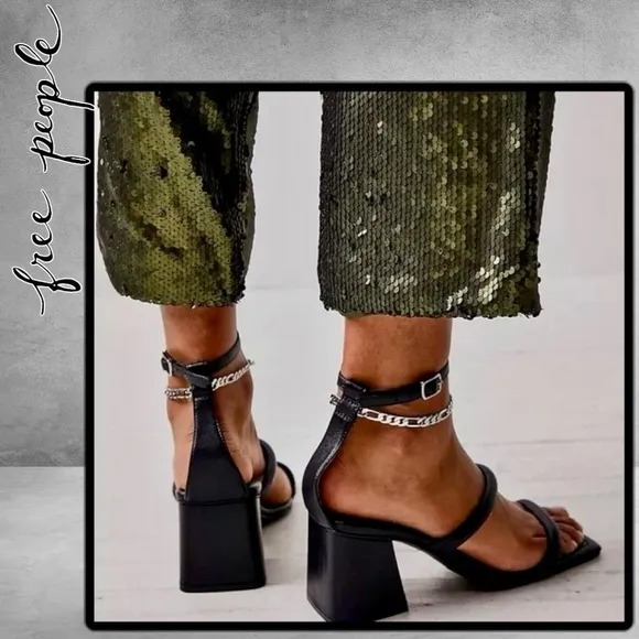 FREE PEOPLE Parker Chain Leather Block Heel Chain-Wrap Ankle Sandals/Heels NWT