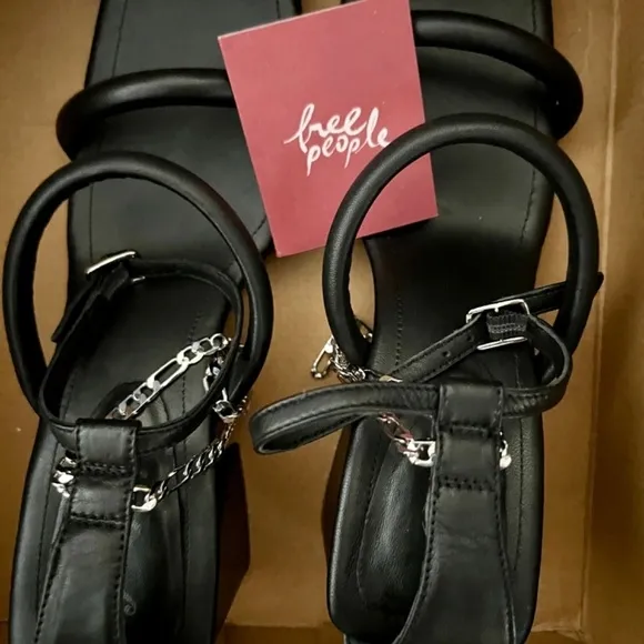 FREE PEOPLE Parker Chain Leather Block Heel Chain-Wrap Ankle Sandals/Heels NWT