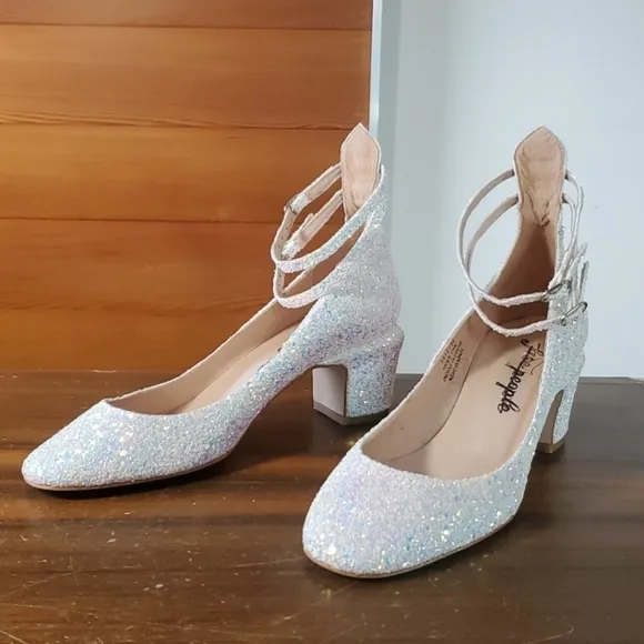 Free People Size 37/6.5 Lana Shoes Ankle Strap Leather Pumps Fairy Glitter Spain