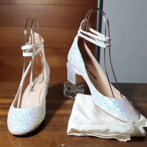 Free People Size 37/6.5 Lana Shoes Ankle Strap Leather Pumps Fairy Glitter Spain