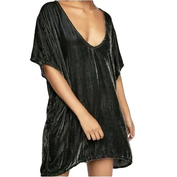 FREE PEOPLE X CP SHADES Regina Crushed Velvet Tunic Dress Silk Blend Gray