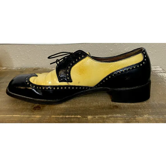 Freeman Rare Wingtip Shoes Sz 9.5 B Mens Leather Black Yellow Dress 47363