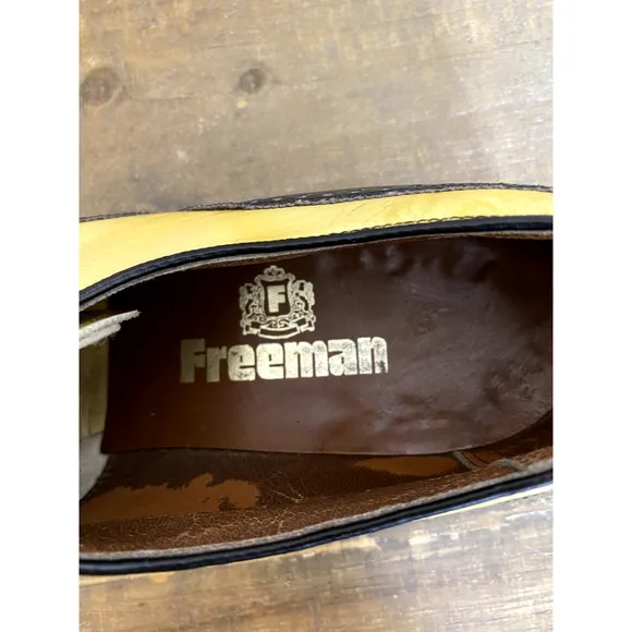 Freeman Rare Wingtip Shoes Sz 9.5 B Mens Leather Black Yellow Dress 47363