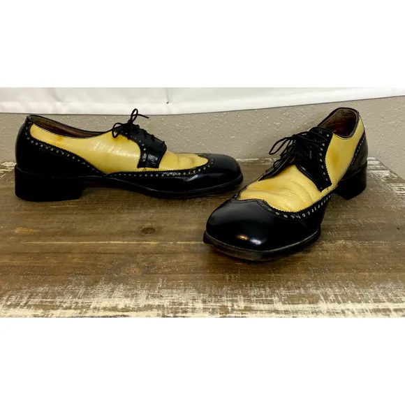 Freeman Rare Wingtip Shoes Sz 9.5 B Mens Leather Black Yellow Dress 47363