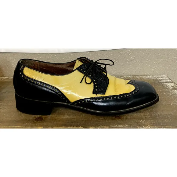 Freeman Rare Wingtip Shoes Sz 9.5 B Mens Leather Black Yellow Dress 47363