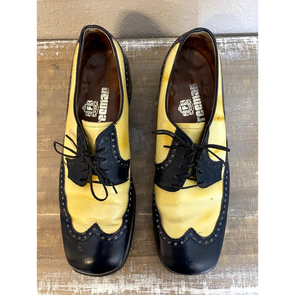 Freeman Rare Wingtip Shoes Sz 9.5 B Mens Leather Black Yellow Dress 47363