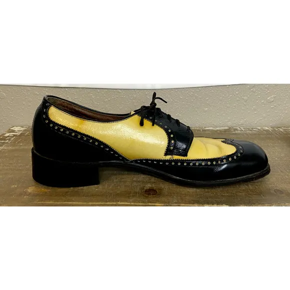 Freeman Rare Wingtip Shoes Sz 9.5 B Mens Leather Black Yellow Dress 47363