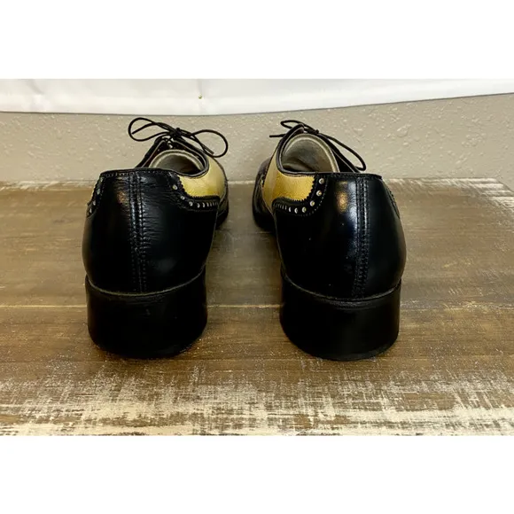 Freeman Rare Wingtip Shoes Sz 9.5 B Mens Leather Black Yellow Dress 47363