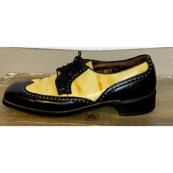 Freeman Rare Wingtip Shoes Sz 9.5 B Mens Leather Black Yellow Dress 47363