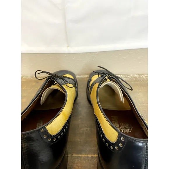 Freeman Rare Wingtip Shoes Sz 9.5 B Mens Leather Black Yellow Dress 47363