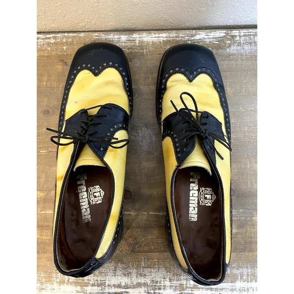 Freeman Rare Wingtip Shoes Sz 9.5 B Mens Leather Black Yellow Dress 47363