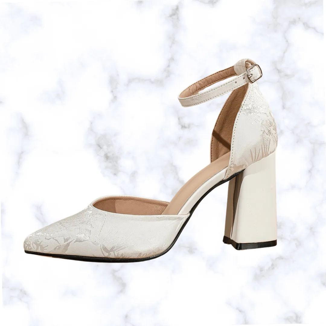 French Pointed Toe High Heels with Buckle Strap – Light Color Thick Heel Hollow Fairy-Style Pumps for Women