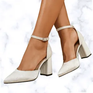 French Pointed Toe High Heels with Buckle Strap – Light Color Thick Heel Hollow Fairy-Style Pumps for Women