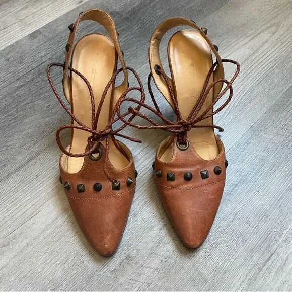 Georgina Goodman Heels Brown Leather Ankle Lace Up Studded Designer