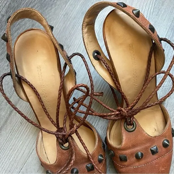 Georgina Goodman Heels Brown Leather Ankle Lace Up Studded Designer