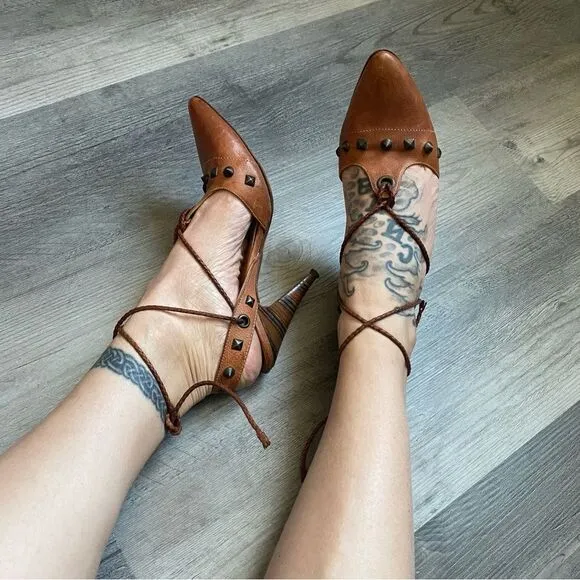 Georgina Goodman Heels Brown Leather Ankle Lace Up Studded Designer
