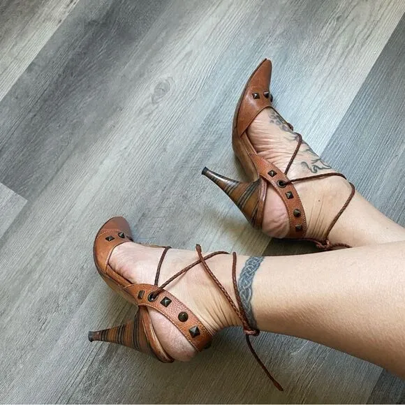 Georgina Goodman Heels Brown Leather Ankle Lace Up Studded Designer