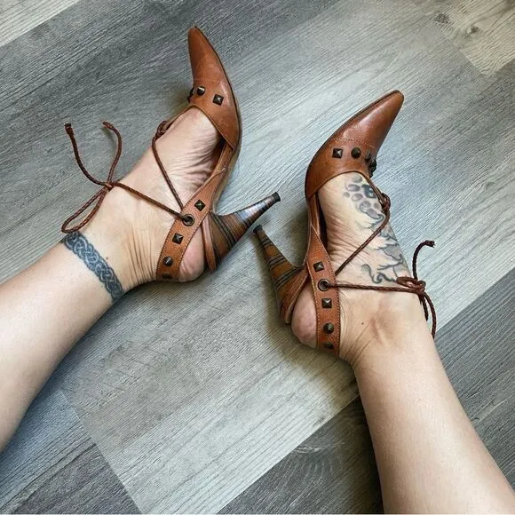 Georgina Goodman Heels Brown Leather Ankle Lace Up Studded Designer