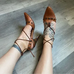 Georgina Goodman Heels Brown Leather Ankle Lace Up Studded Designer