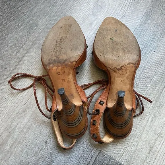 Georgina Goodman Heels Brown Leather Ankle Lace Up Studded Designer