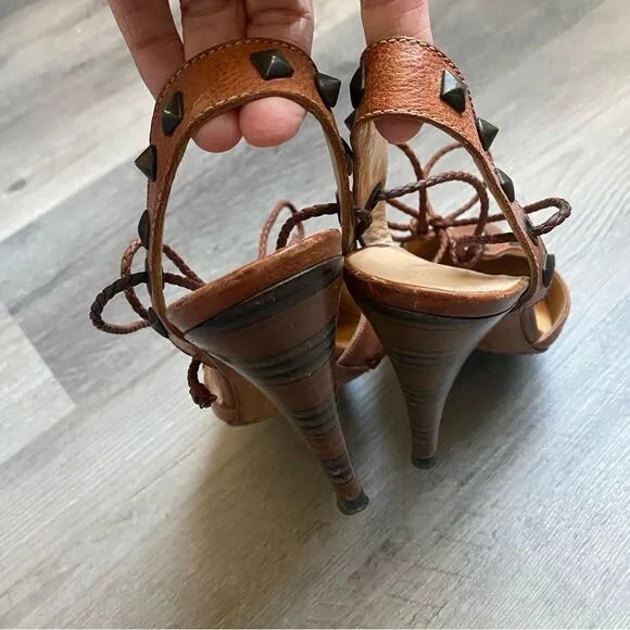 Georgina Goodman Heels Brown Leather Ankle Lace Up Studded Designer
