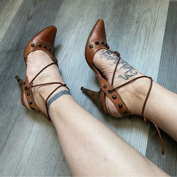 Georgina Goodman Heels Brown Leather Ankle Lace Up Studded Designer