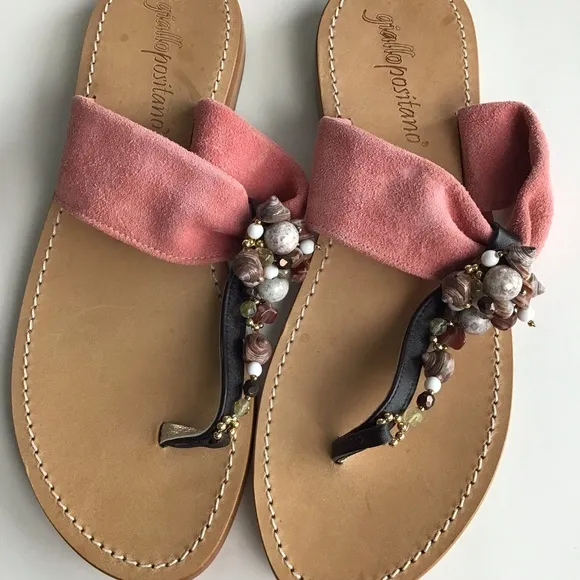 Giallo Positano Sandals 38 Flats Pink Suede Beaded