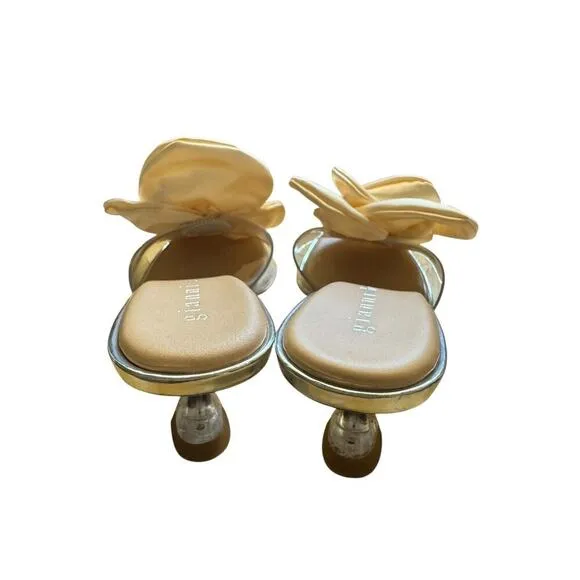 Gianni Bini Clear Rose Heels 6.5 Lucite Mule Sandals Slip-On Kitten Wedding