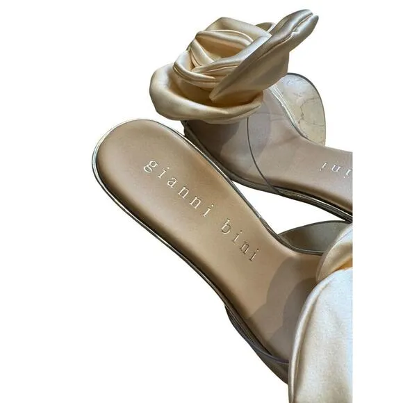 Gianni Bini Clear Rose Heels 6.5 Lucite Mule Sandals Slip-On Kitten Wedding