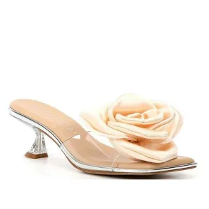 Gianni Bini Clear Rose Heels 6.5 Lucite Mule Sandals Slip-On Kitten Wedding