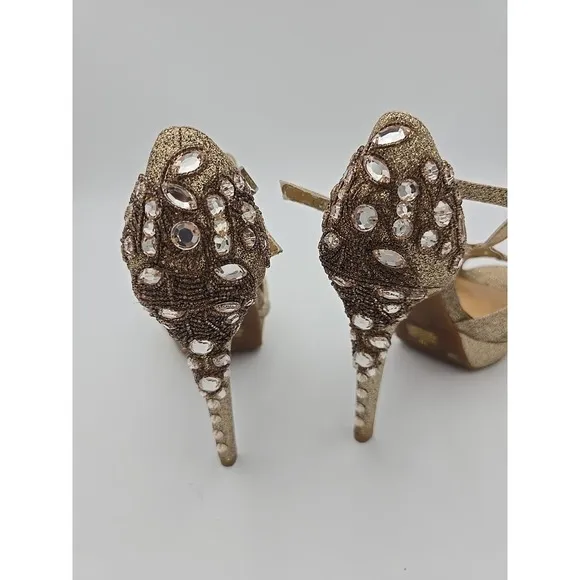 Gianni Bini‎ GOLD Glitter Rhinestones BEADED  Stiletto Platform Heels Shoes 7 M