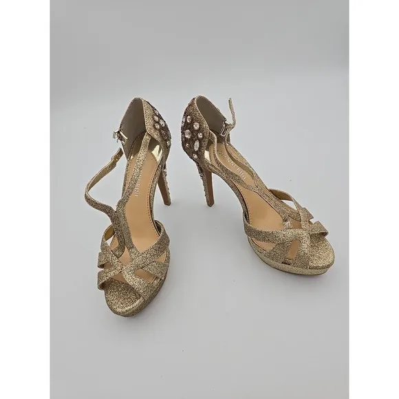 Gianni Bini‎ GOLD Glitter Rhinestones BEADED  Stiletto Platform Heels Shoes 7 M
