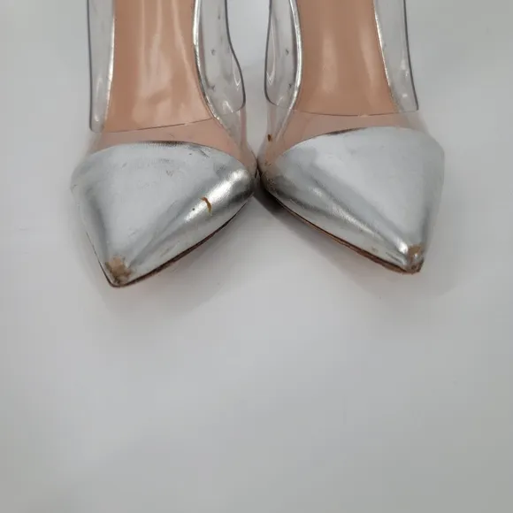 Gianvito Rossi Silver Patent Plexi Point Toe Pumps Size 39