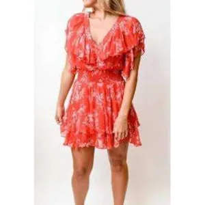 Gilner Farrar Finley Floral Ruffle Dress Smocked Waist Red White Mini Size M