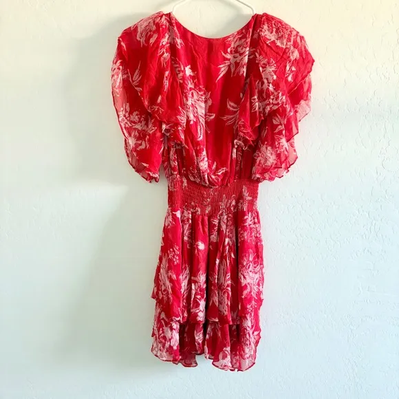 Gilner Farrar Finley Floral Ruffle Dress Smocked Waist Red White Mini Size M