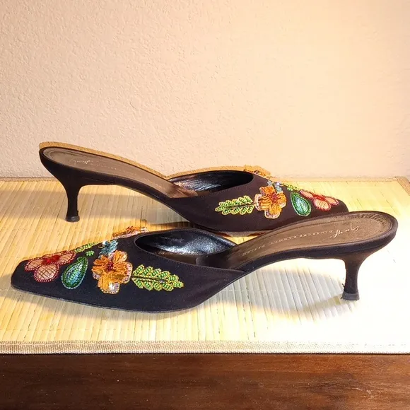 Giuseppe Zanotti Black and Multi Color Beaded &amp; Ribboned Artistic Mules Size 10B